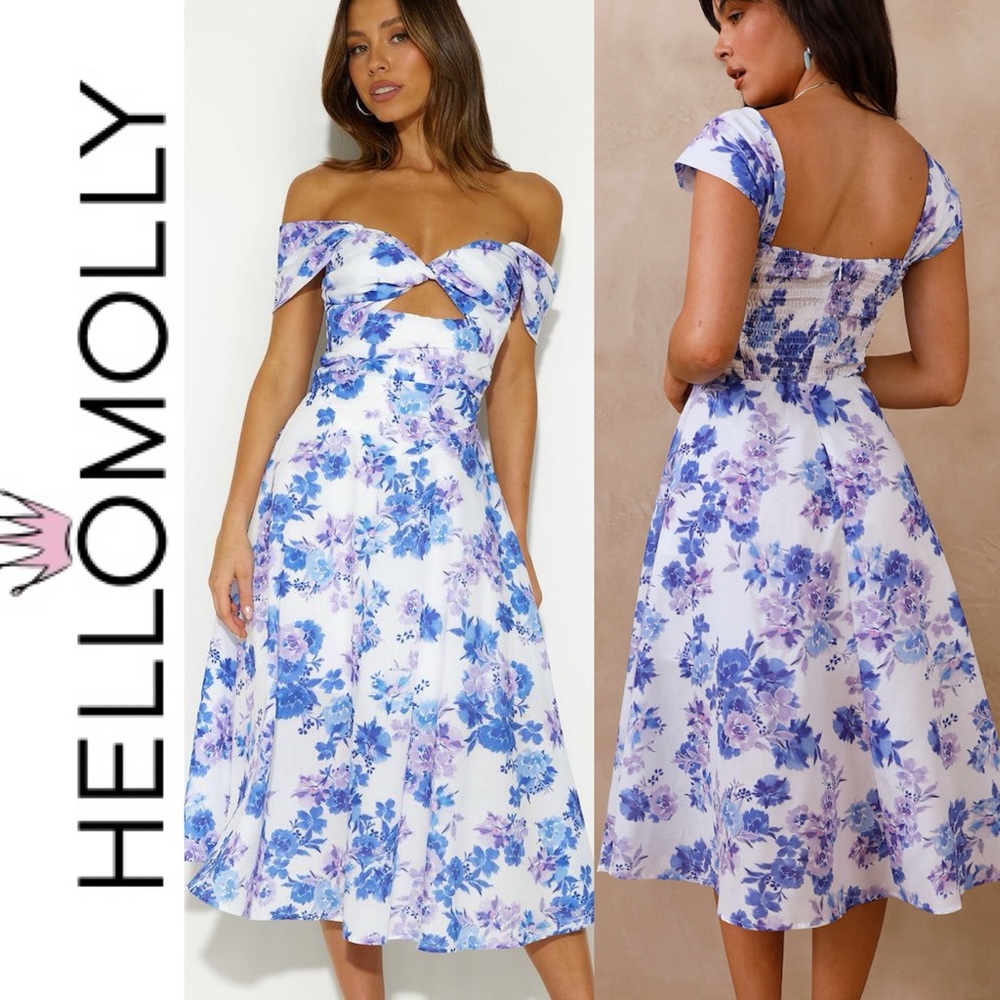 NEW Hello Molly Blue white  Floral Off-Shoulder A-Line Midi Dress peekaboo hole